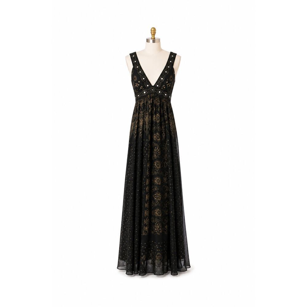 Free People Candela Embellished Mirror Maxi Dress Boho Festival Black Gold Sz 2